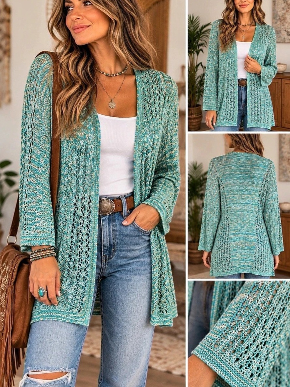 dressbarn Open Knit Cardigan in Blue & Green Size Large NWT